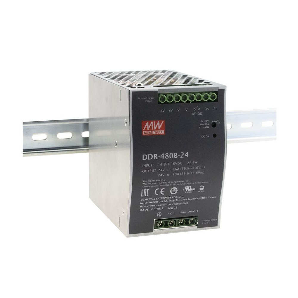 Mean Well DC-DC Ultra slim Industrial DIN rail converter, Output 24Vdc at 20A-DDR-480B-24